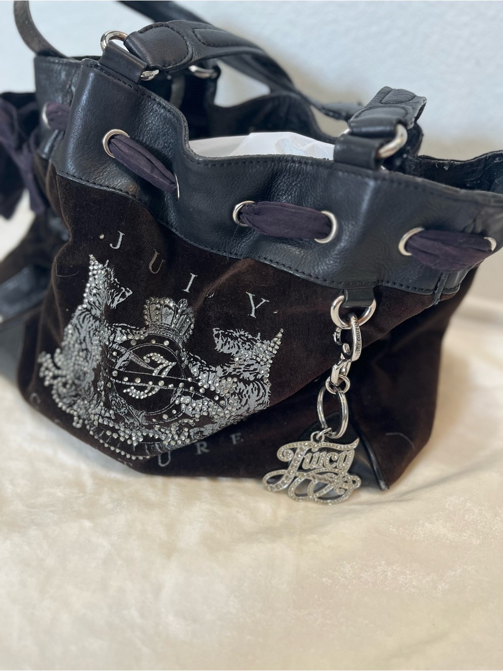 Y2K vintage Juicy Couture Black Suede Shoulder Bag with Logo Charm